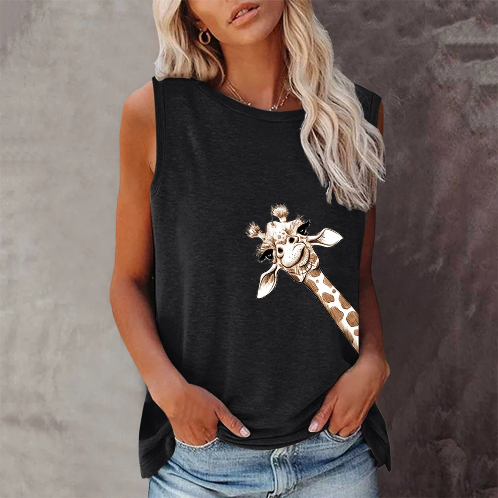 Seeyoushy Giraffe Print Top New Summer Casual Sleeveless Women\'s T-shirt Y2K Trend Streetwear Harajuku Ropa Para Mujer