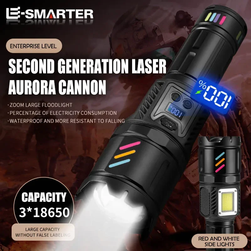 

Strong Light Digital Flashlight For Outdoor Charging Ultra Bright Zoom Emergency Self-Defense Flashlight For Camping Fishing