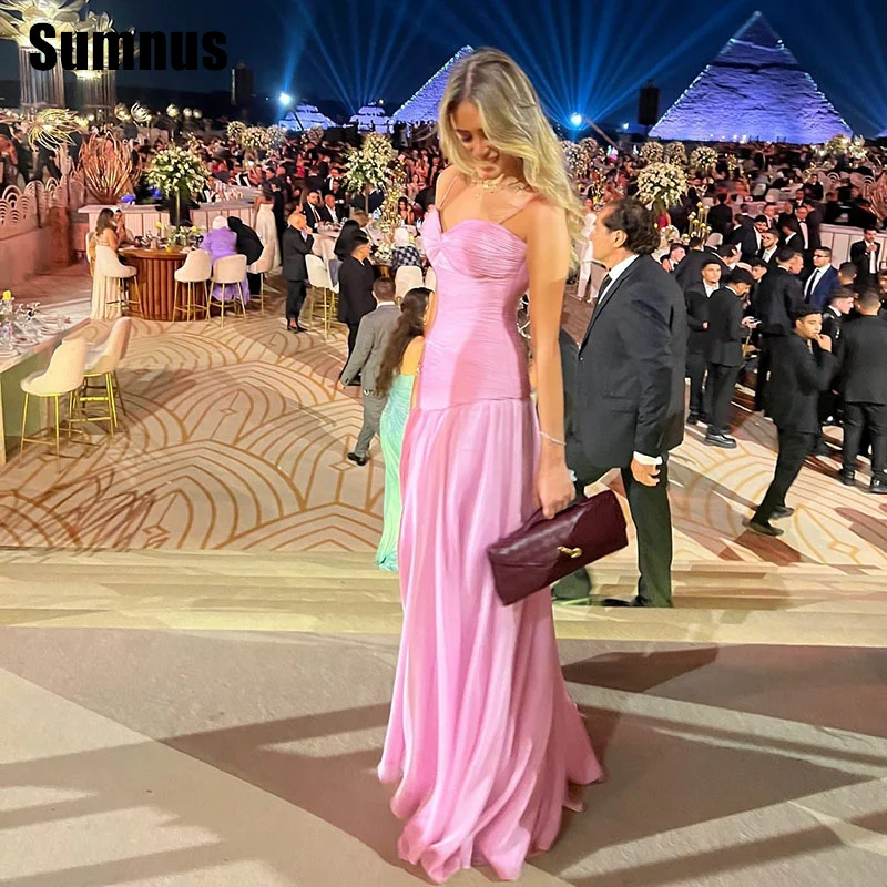 

Sumnus Elegant Pink Mermaid Prom Dresses Spaghetti Strap Pleats Floor-Length Evening Dresses فساتين سهرة Customized