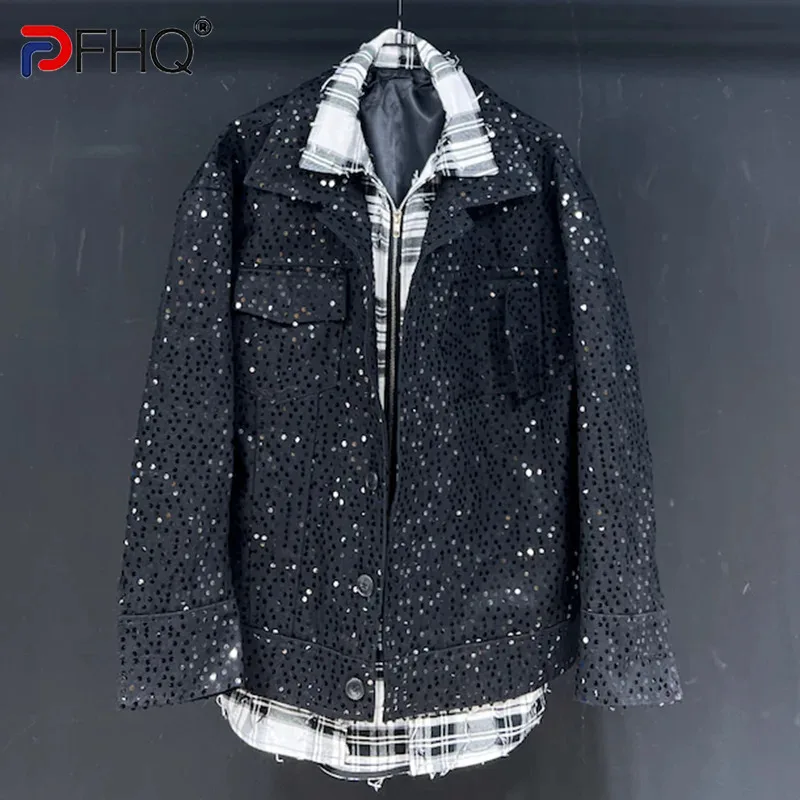 

PFHQ Fake 2 Pieces Design Men's Jackets High Street Zippers Turn-down Collar Patchwork Glisten Cool Delicacy Coat Spring 21Z4269