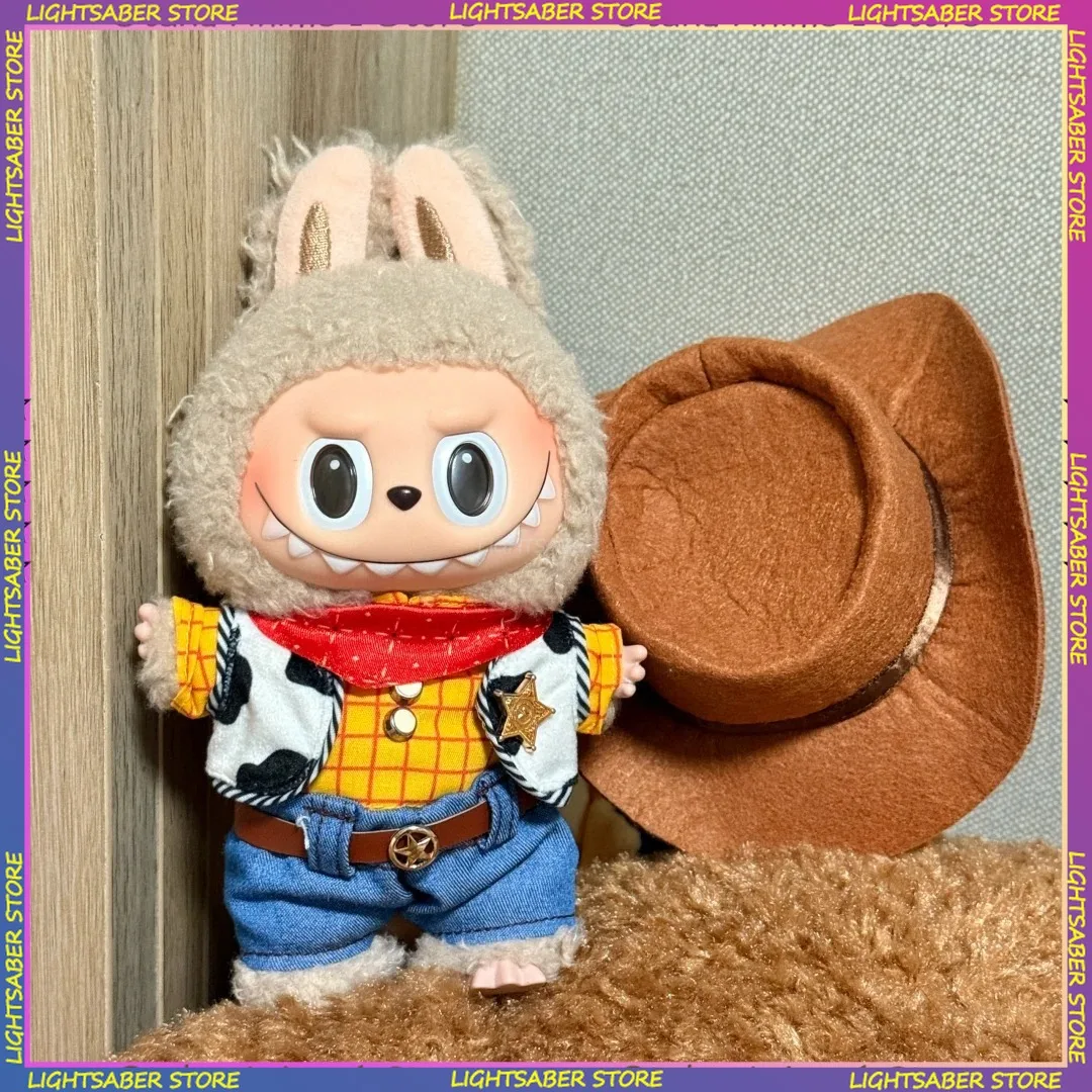 الكرتون كاوبوي Labubu 3.0 الملابس قبعات رعاة البقر الغربية الزي مع عشر جالون قبعة صغيرة أفخم دمية الملابس موضة إكسسوارات دمي هدية