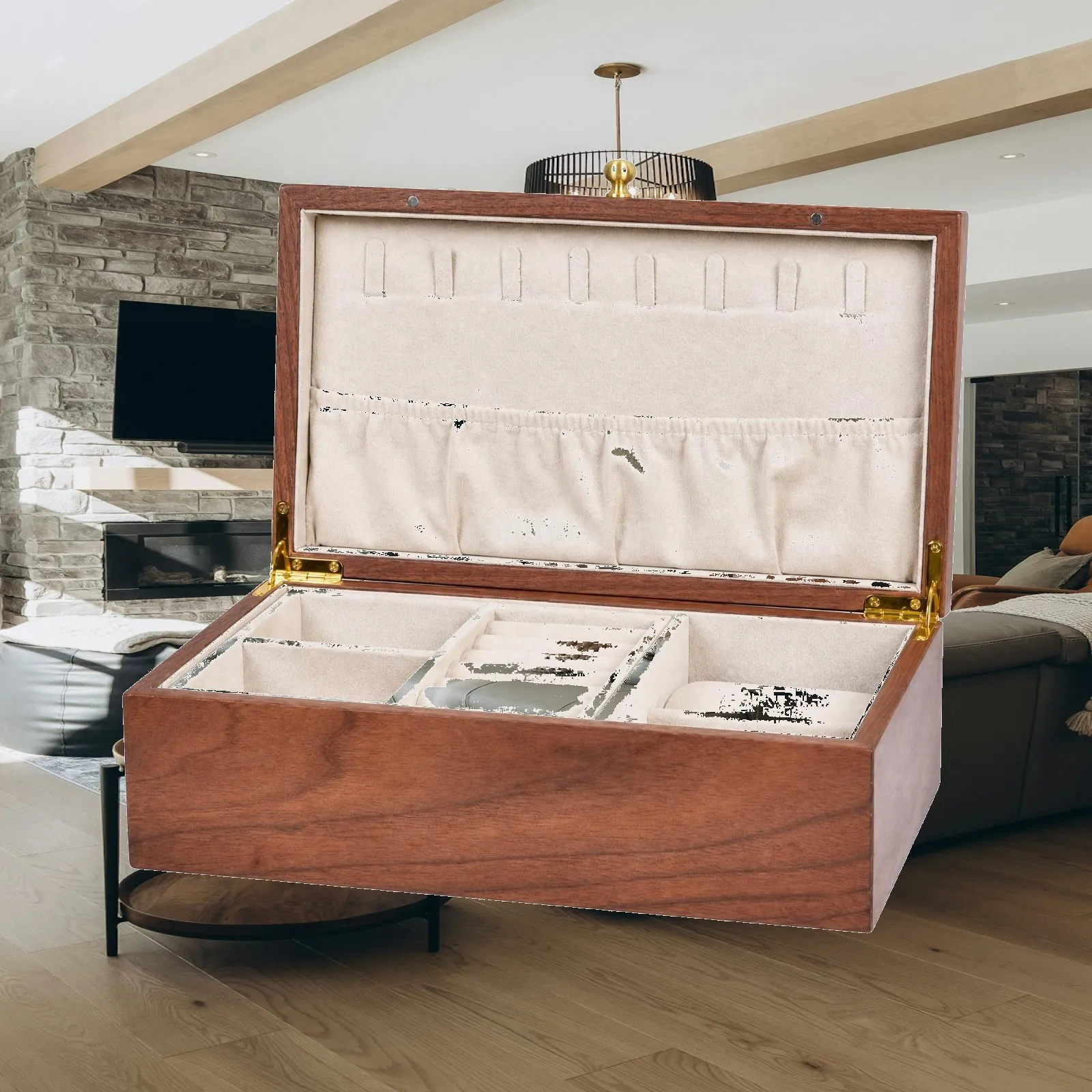 Walnut-Toned Jewelry Box with Fabric Sporty Compact Tabletop Jewelry Box with Hinged Lid Elegant Spacious for Bedroom