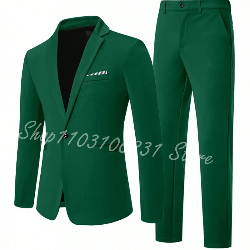 Green Male Suit Slim Fit 2 Piece Fashion Notched Lapel Groom Tuxedo Formal Wedding Party Suits Blazer Pants Costume Homme