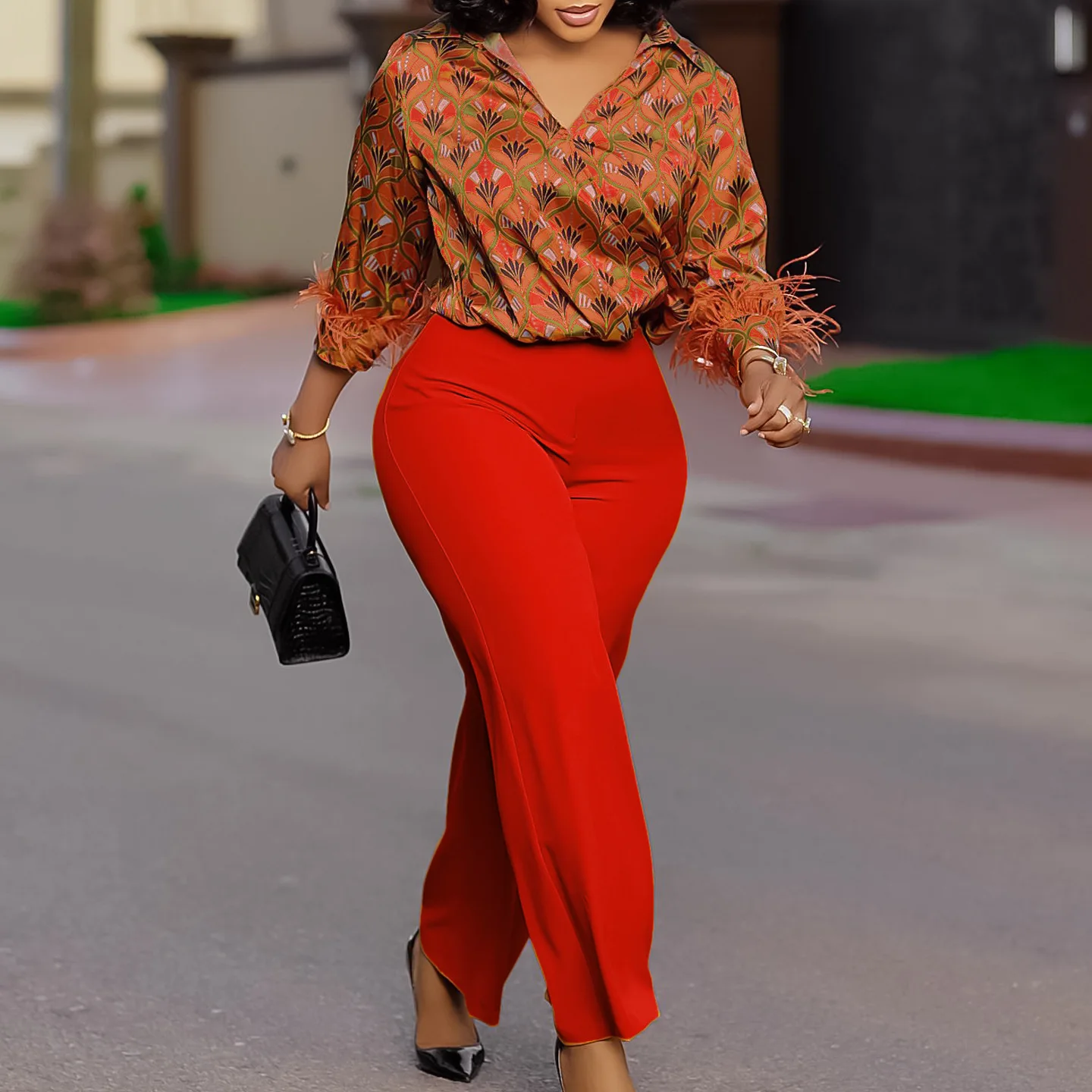Flared Long Pants Shirt 2-piece Set With A Stand-up Collar V-neck Print Long Sleeves Pure Color Suitable For African Sports Set