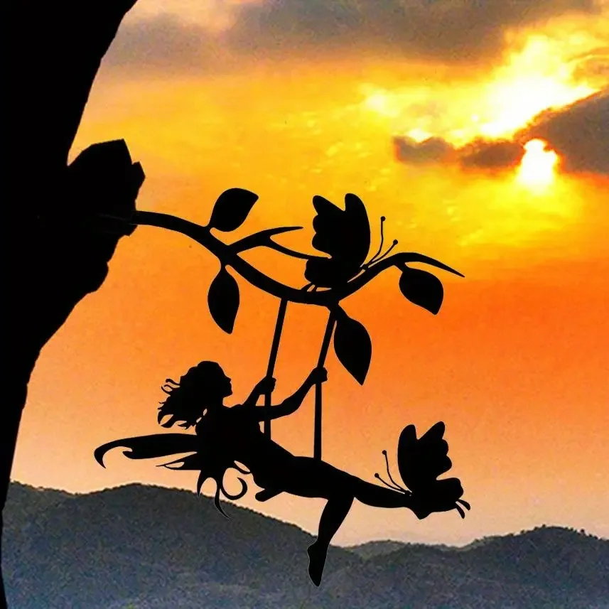 CIFBUY Fairy Swing Butterfly Branch Silhouette Metal Wall Art Sunset Nature Wall Hanging Decor