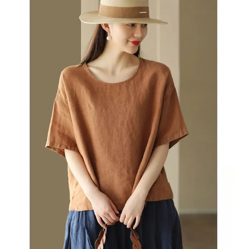 Women Summer Simplicity Loose Fashion Solid Color Cotton and Linen O-neck Short Sleeve T-Shirt Ladies Casual Appear Thin Top Tee