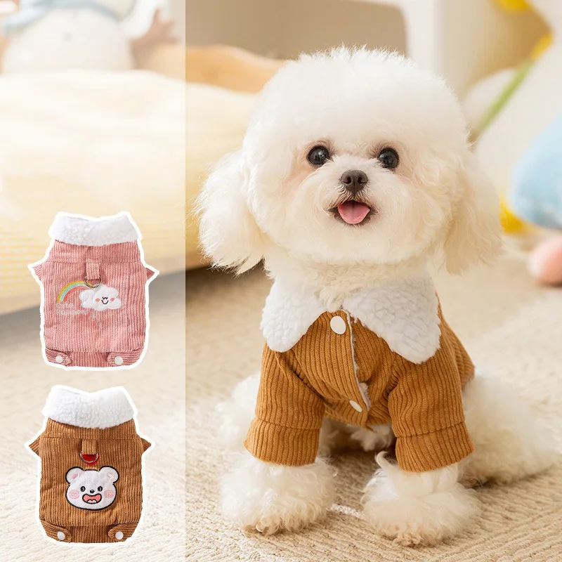 Winter Windproof and Warm Dog Clothes Corduroy Two Legged Cotton Clothes For Dogs Pet Leaseable Outerwear teddy Cartoon Clothing