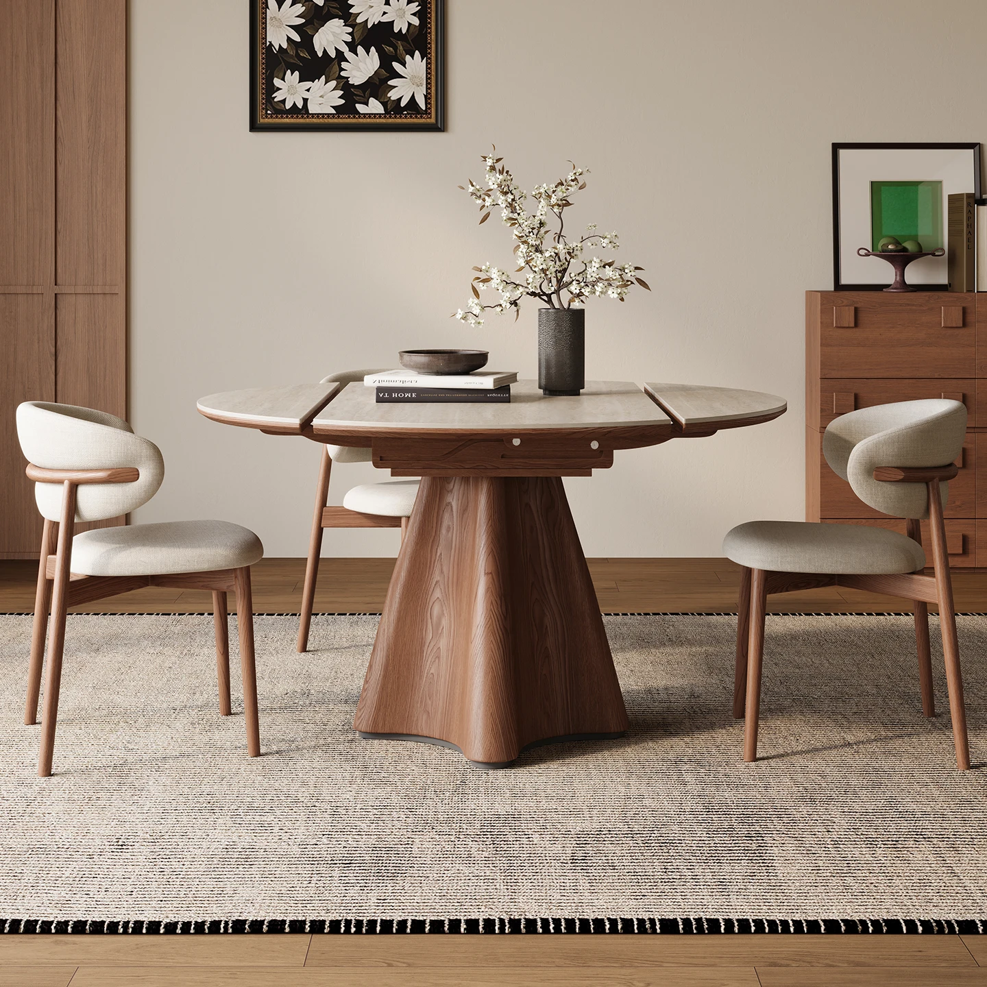 

#Slate Top Solid Wood Telescopic Adjustable Foldable Dining Table Set Vintage/Wabi-Sabi/Medieval Style Household Small Apartment