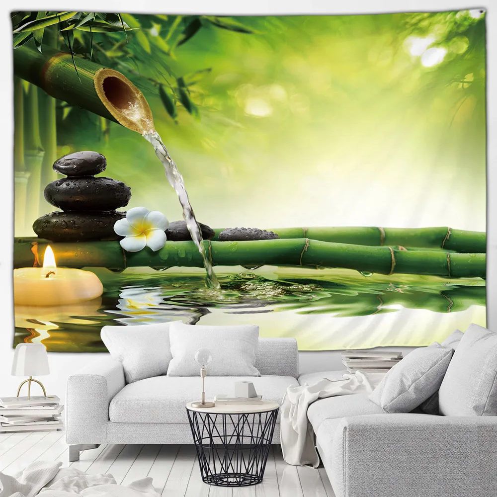 Tropical Waterfall Landscape Tapestry Zen Green Bamboo Ocean Beach Palm Trees Island Scenery Garden Wall Hanging Home Room Decor