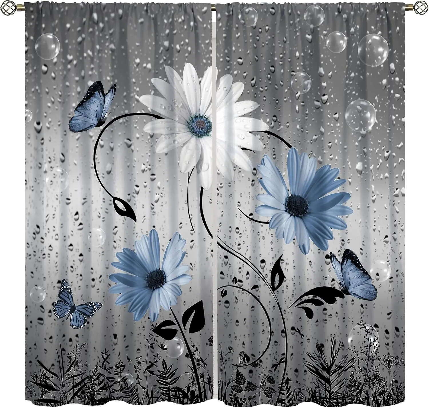 Grey Gradient Daisy Butterfly Theme Curtain 2 Panels Transparent Bubble Curved Vine Silhouette Base Living Room Minimalist Home