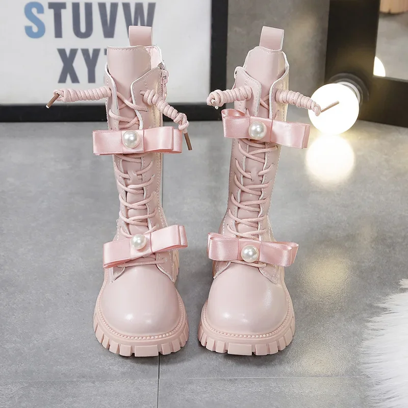 Kids Stylish Fleece-Lined Long Boots Girls Fleece High-Top Snow Boots Student Performance Warm Runway Shoes Casual Children