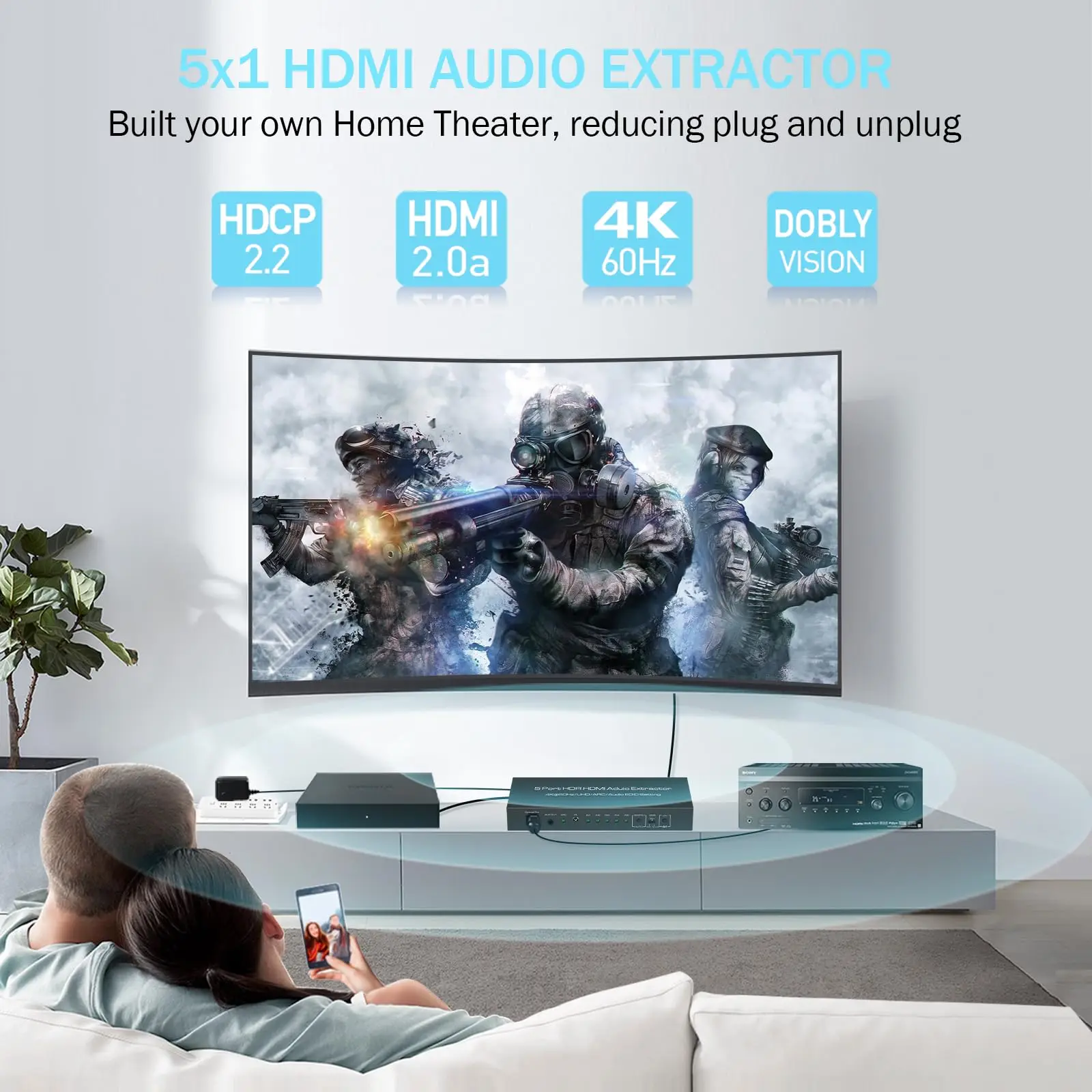 HDMI 오디오 선택기 스위치 박스, 오디오 추출기 포함, 4K @ 60Hz, 5x1 출력, 원격 지지대 HDR10 ARC 18Gbps