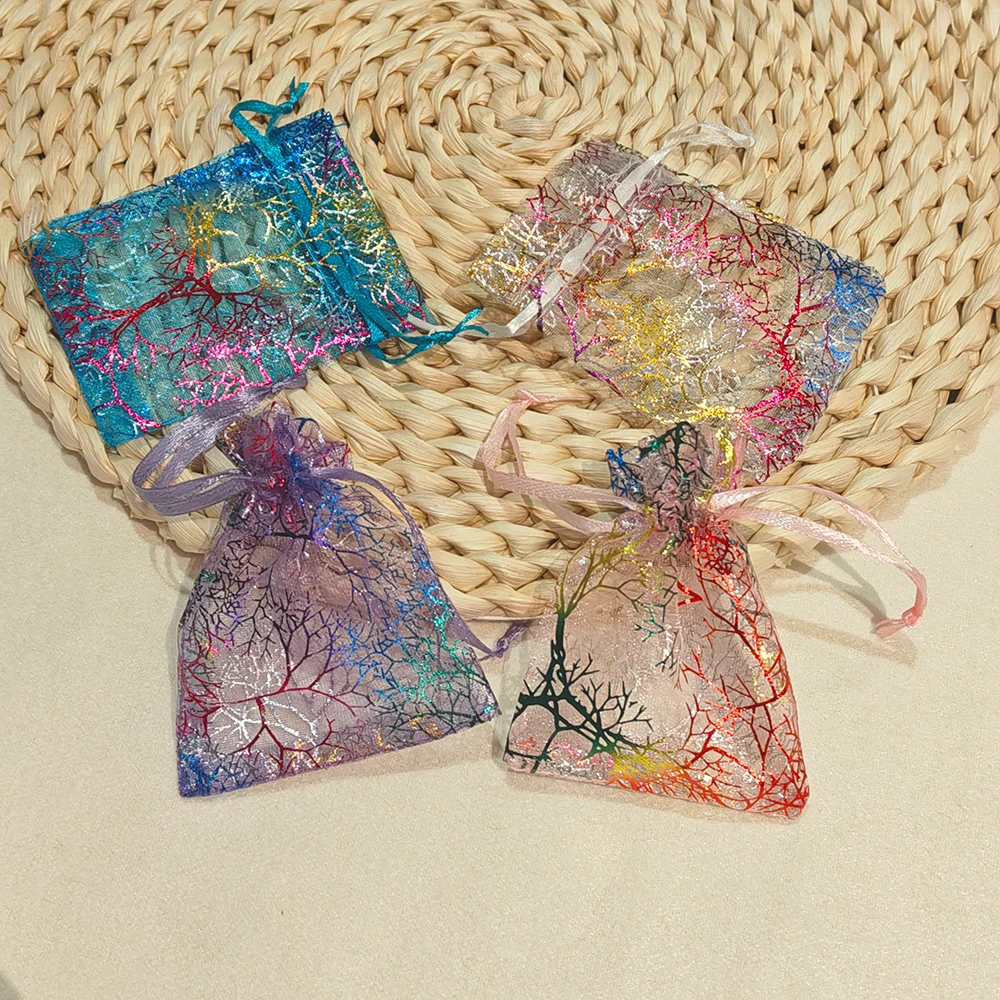 25/50/100pcs/lot Organza Gift Bag Jewelry Packaging Drawstring Bag Multi-size Colorful Coral Printing Party Wedding Candy Bag