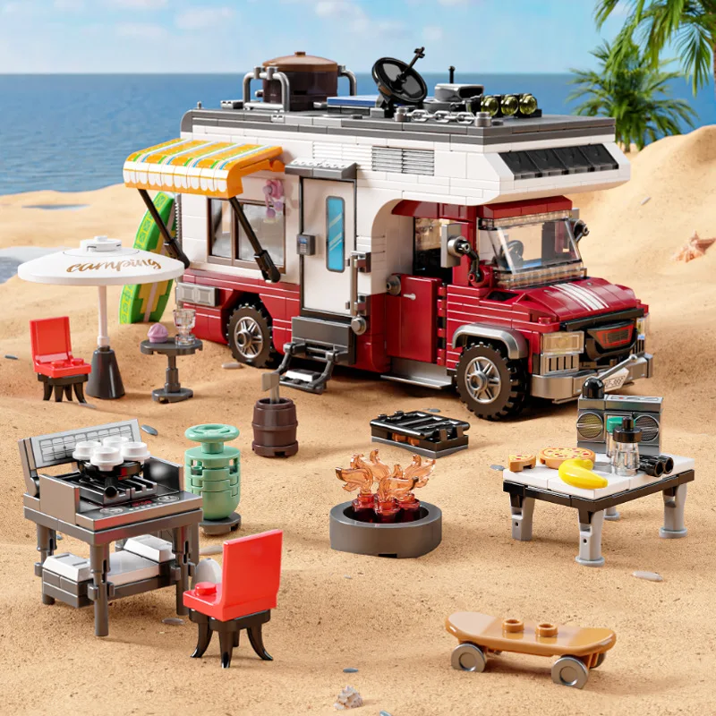 City Series Camper Van RV Building Blocks Toy With Outdoor Cookware & LED Light, DIY Assembly Leisure Vacation Vehicle Bricks