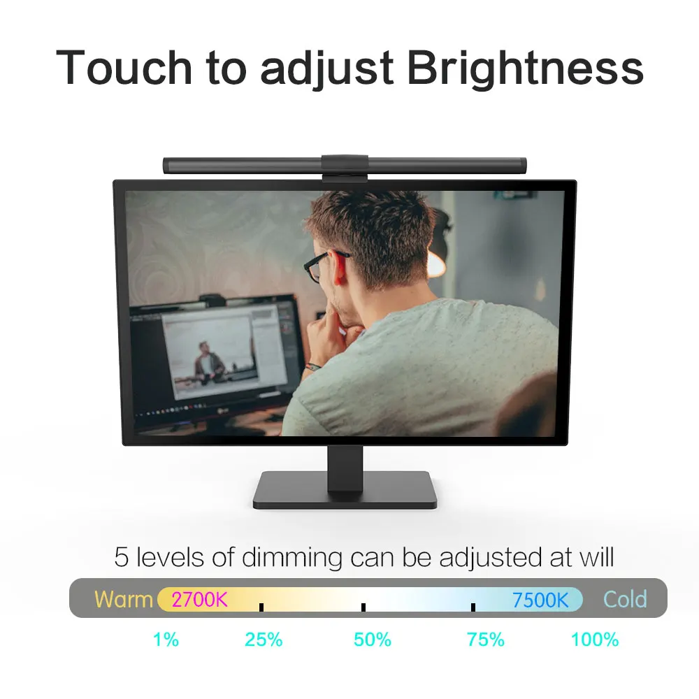 Barra de luz led para monitor, 44cm, tela rgb, lâmpada suspensa, stepless, regulável, proteção para os olhos, pc, laptop, trabalho, estudo, jogos, luzes led