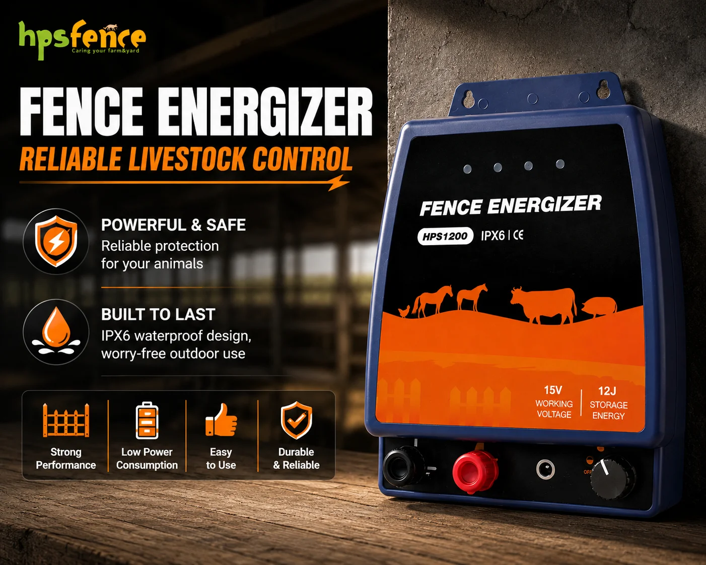 12J Fence Energizer High Voltage Waterproof ABS Material Security 120KM Easily Assembled Farm Fence for Livestock