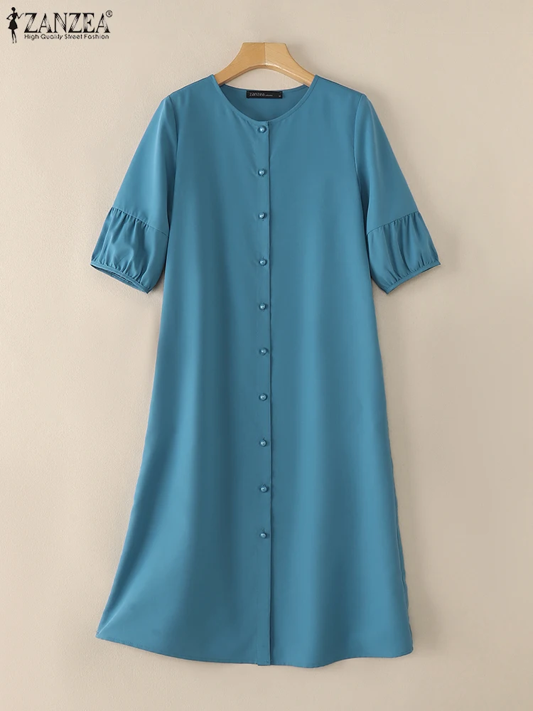 ZANZEA Plus Size Women Dresses 2025 Summer Fashion Shirt Dress Casual O  Neck 3/4 Sleeve Button Vestidos Elegant Solid Work Dress - AliExpress  200000345