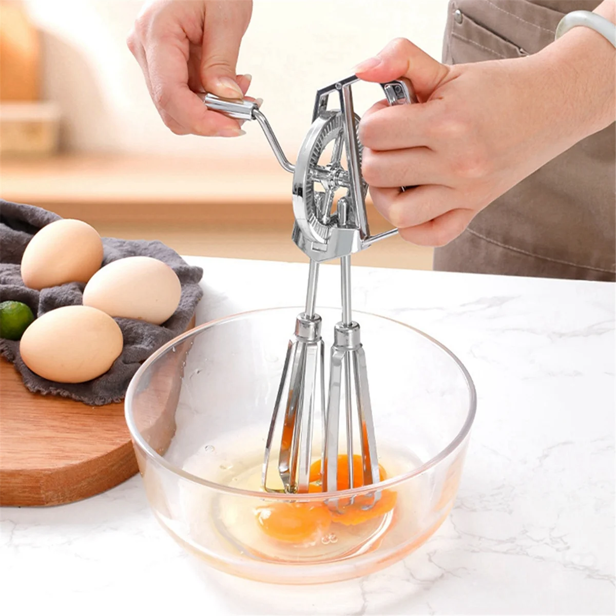 ABVS Manual Egg Beater Hand Crank - Stainless Steel Whisk, Ergonomic ABS Handle, Compact Design for Easy Mixing Silver