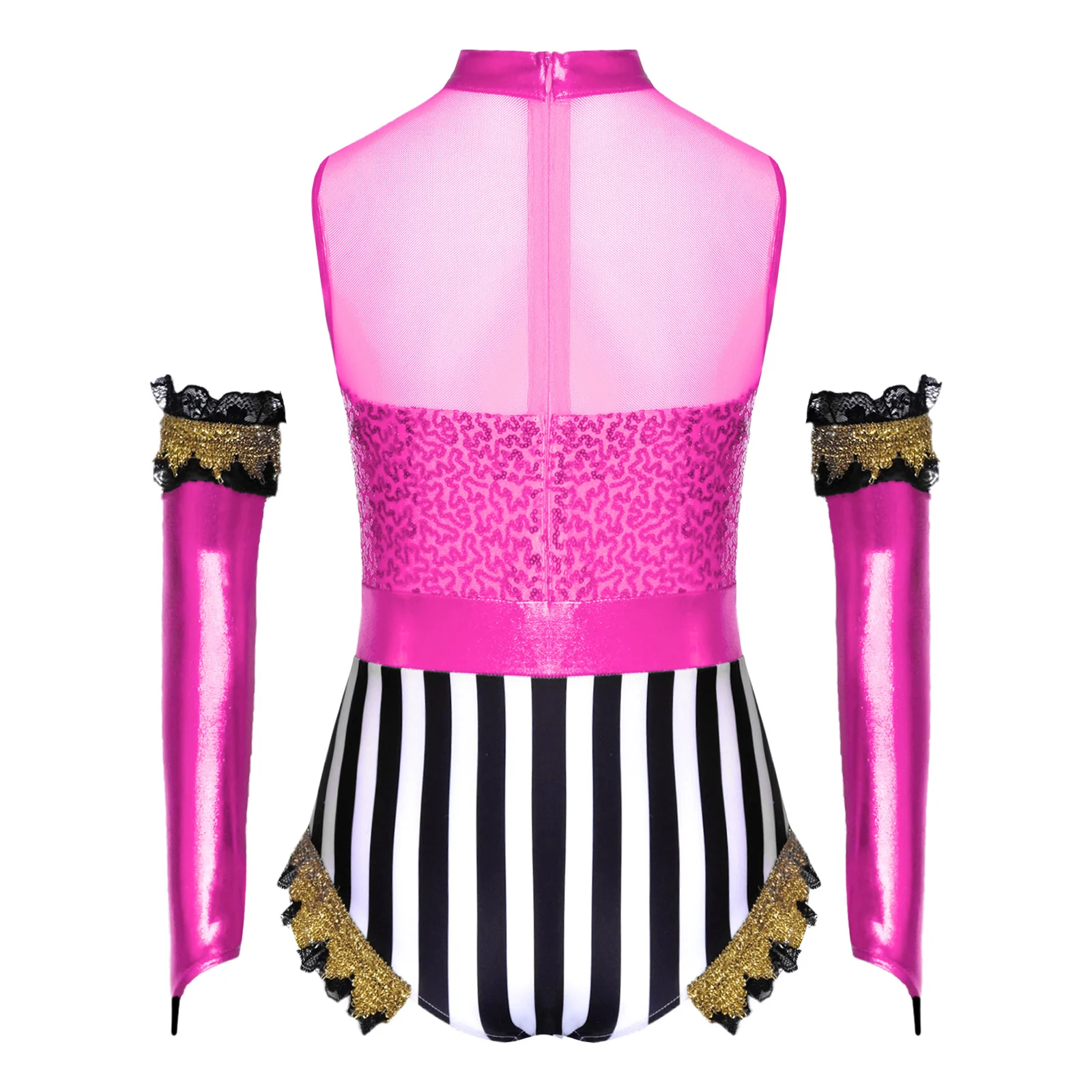 

Children Striped Mesh Ballet Dance Leotard Ruffled Bodysuit Girls Circus Ringmaster Costume Jumpsuit Gymnastics Skating Outfit