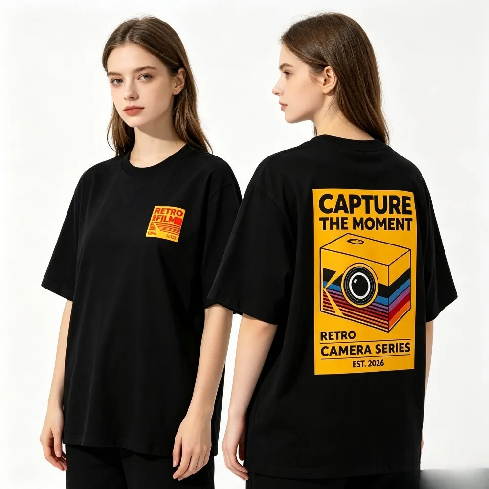 Vintage Analog Camera Block Print Men T-Shirt Retro Yellow Graphic Oversized Cotton Short Sleeve Tops