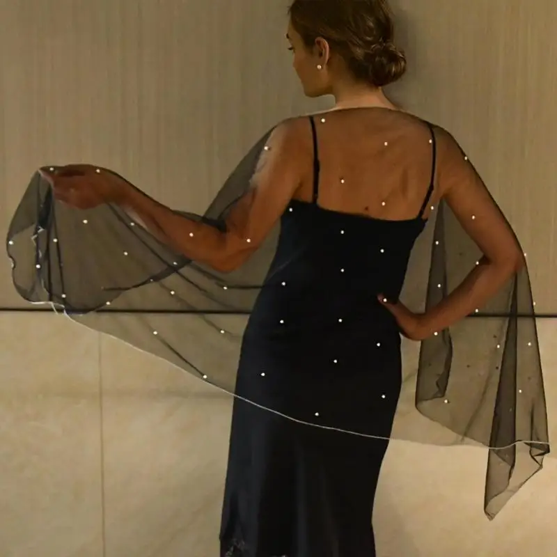 31BF Bride Tulle Shawl Scarf with Pearls Bead Versatile and Trendy Accessory