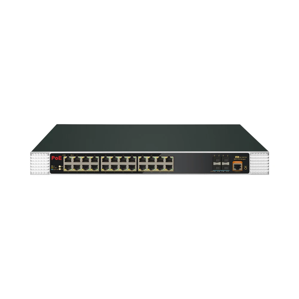 28 Port 6KV L3 Managed Industrial PoE Switch 24*10/100/1000Mbps PoE port+4 10G SFP+  400W Fan support VLAN ERPS+ Rack Mount