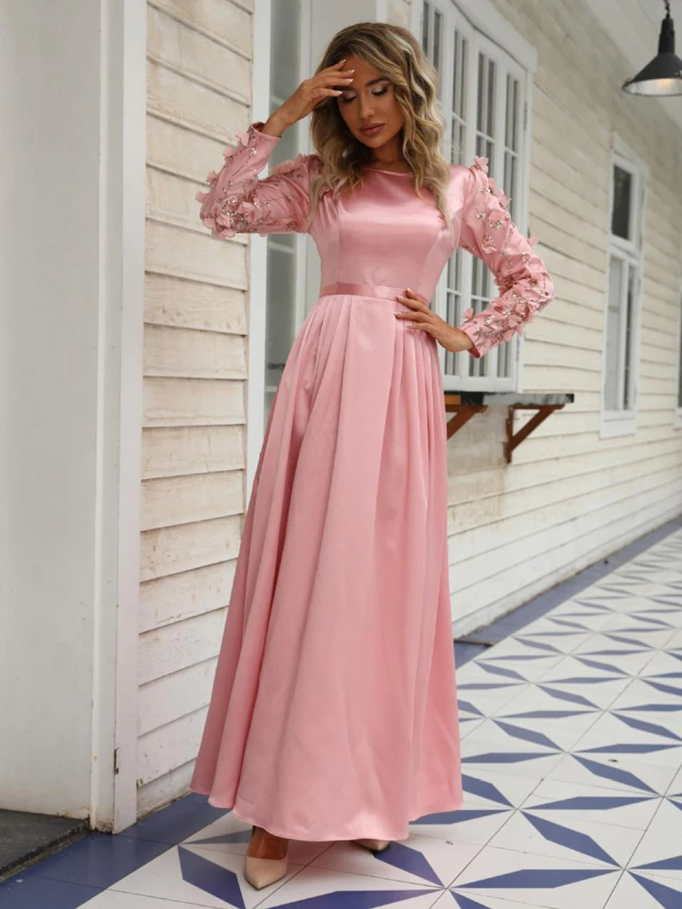 Women's Dusty Pink Satin Maxi Dress, Long Sleeve A-Line Evening Gown with 3D Floral Appliques Sleeves, Elegant Vestidos