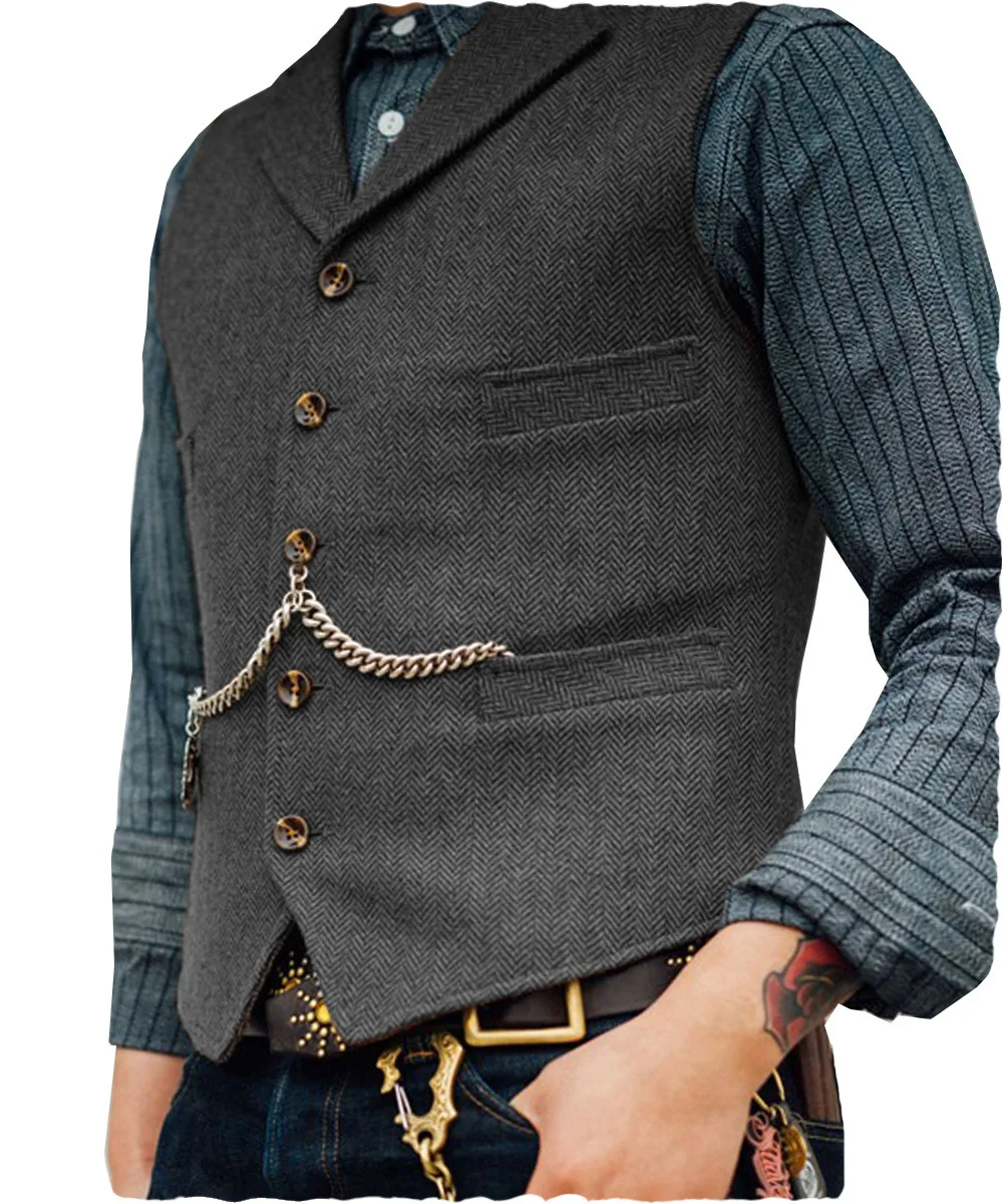 Mens Suit Vest Lapel V Neck Herringbone Casual Business Vest Waistcoat Groomman For Wedding Tweed Business Waistcoat