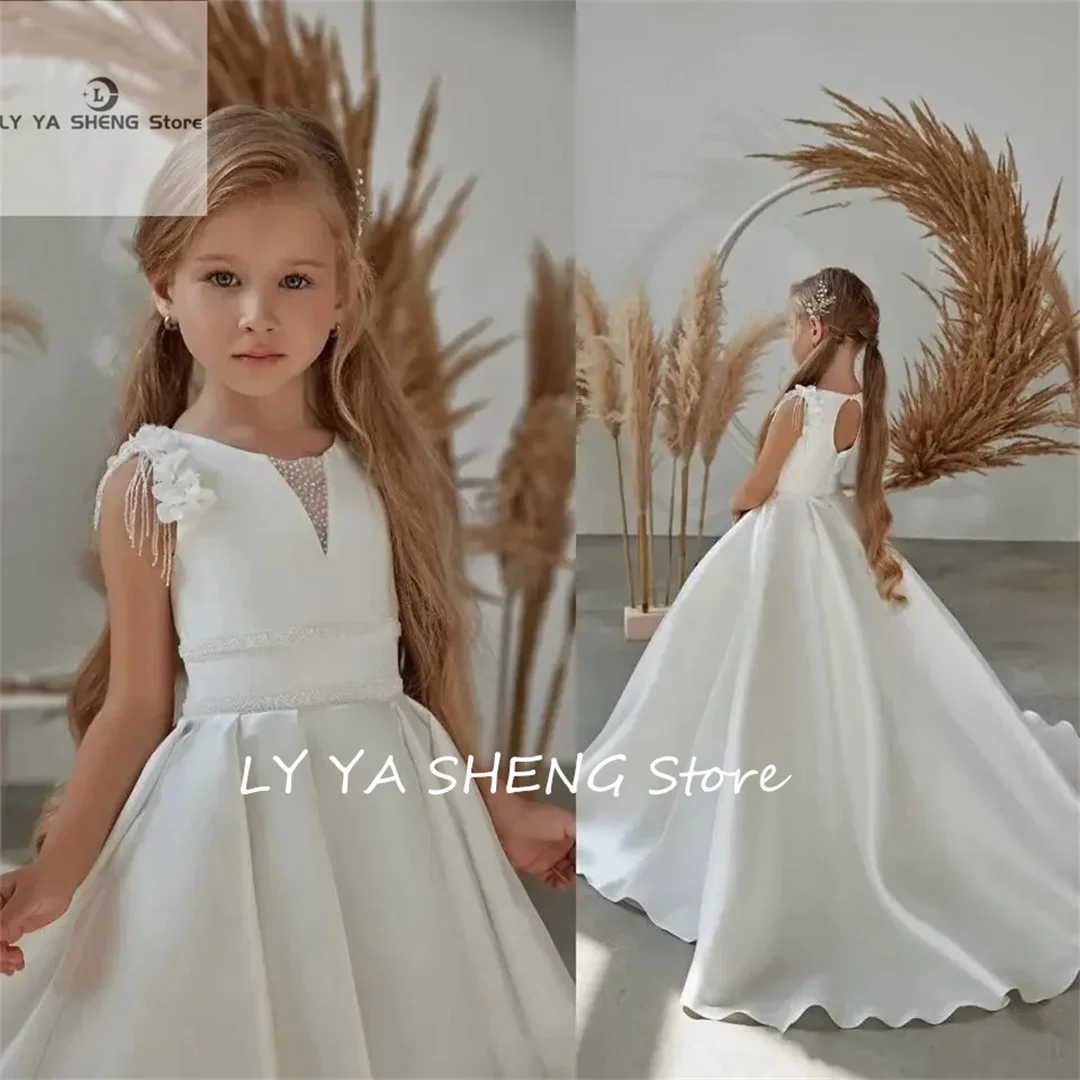 Vestido de niña de flores blancas para bodas, Vestido largo de satén con cuentas 3D, línea A, bata de desfile de cumpleaños, vestido de primera comunión