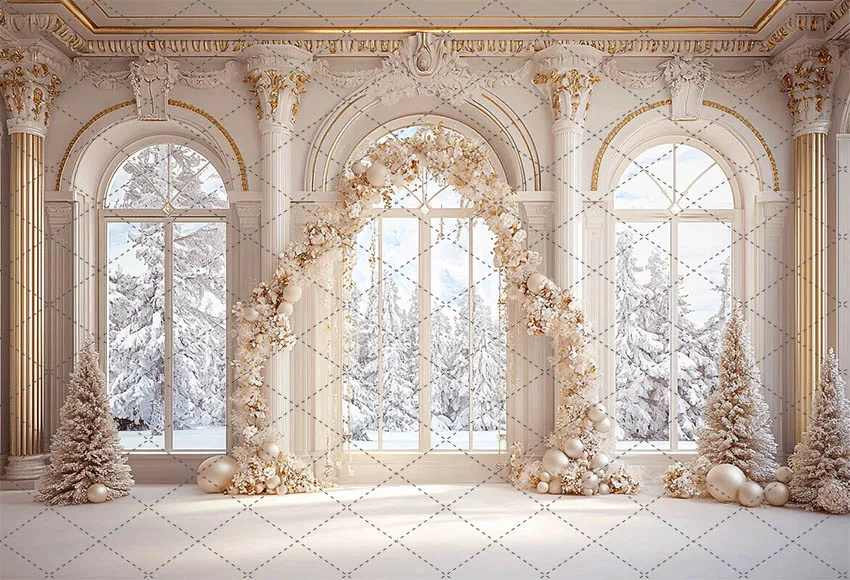 Mehofond Elegant White Christmas Photography Background Family Holiday Party Winter Palace Room Arch Windows Backdrop Photocall
