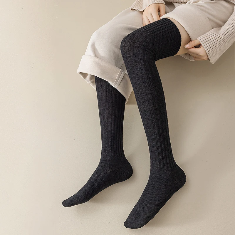 Autumn Winter Fleece Knee High Socks for Women Girls Korean Style Solid Color Soft Comfortable Warm Knit Ribbed Stockings