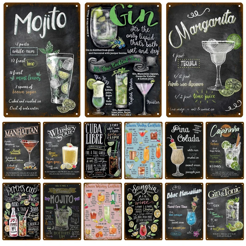 Metal Sign Vintage Tin Sign Decorations Gin & Tonic Cocktail Plate Decorative Poster Plaque Retro Bar Kitchen Home Wall Decor