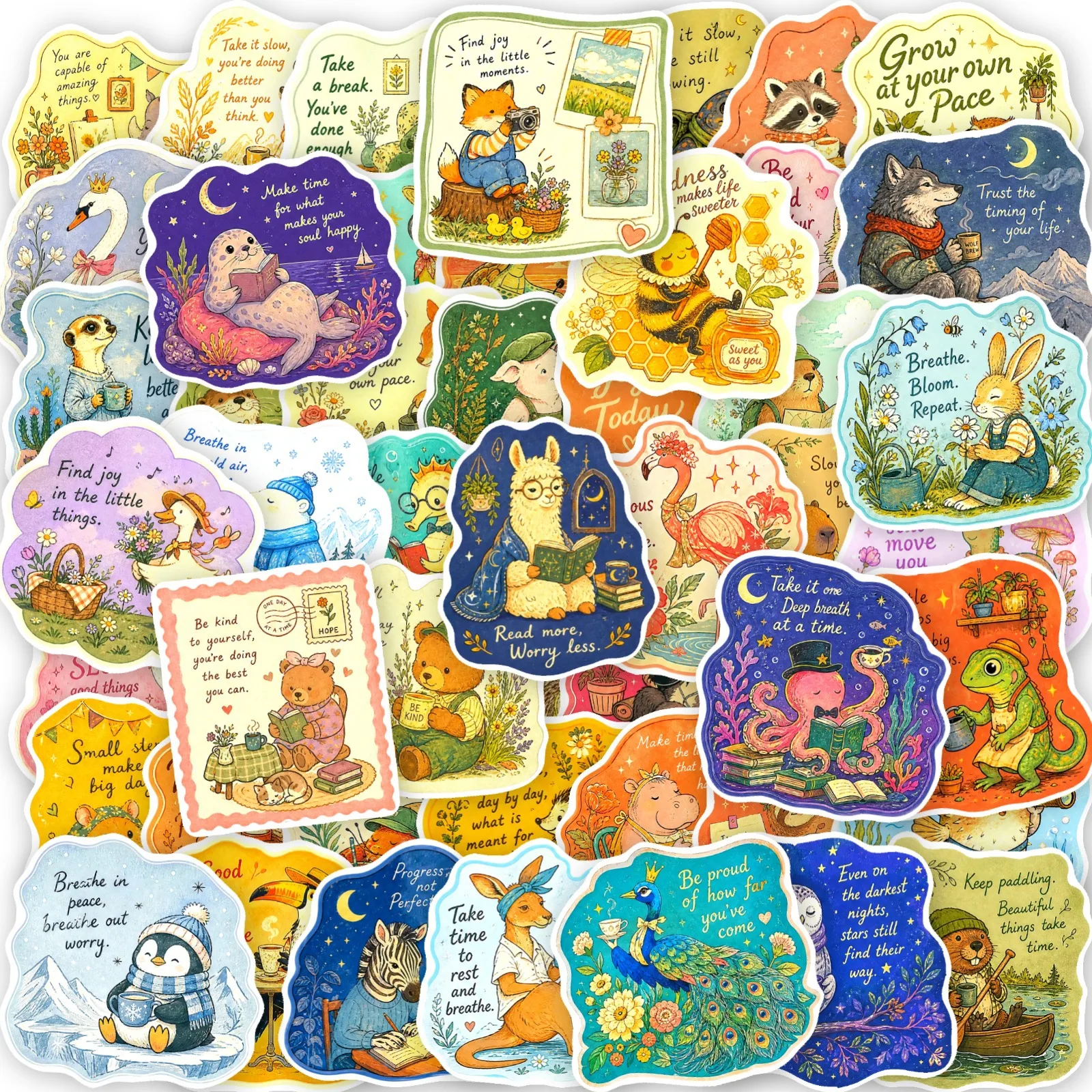50 Pcs Watercolor Forest Animal English Inspirational Quote Stickers Healing Waterproof Vinyl Decals for Journal Laptop Gift