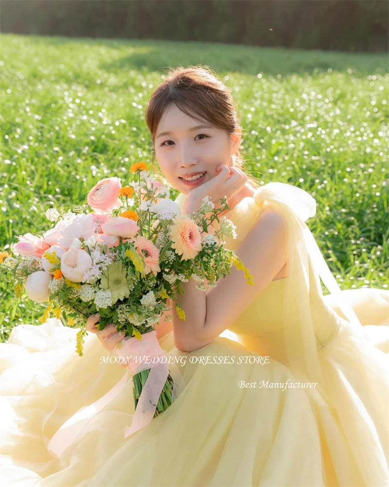 MODX Fairy Light Yellow Tulle Evening Dresses Korea Wedding Photo shoot Adjust Straps Sweep Train Prom Gowns Corset Back
