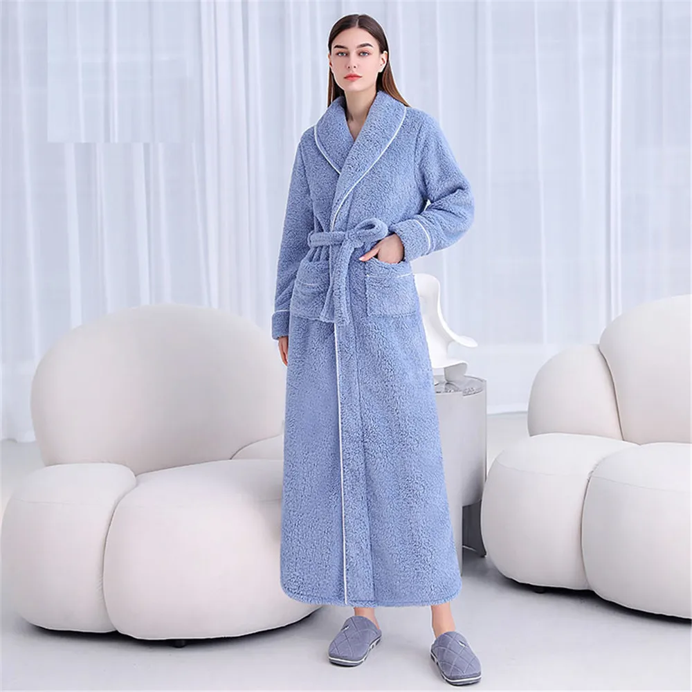 Autumn Winter Flannel Long Robe Couple Thicked Warm Sleepwear Men Casual Bathrobe Women Loose Home Wear