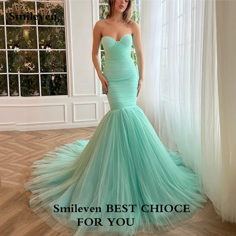 

Smileven Elegant Mint Green Mermaid Tulle Prom Dresses Sweeheart Pleats Evening Dress Sleeveless Corset Party Gowns