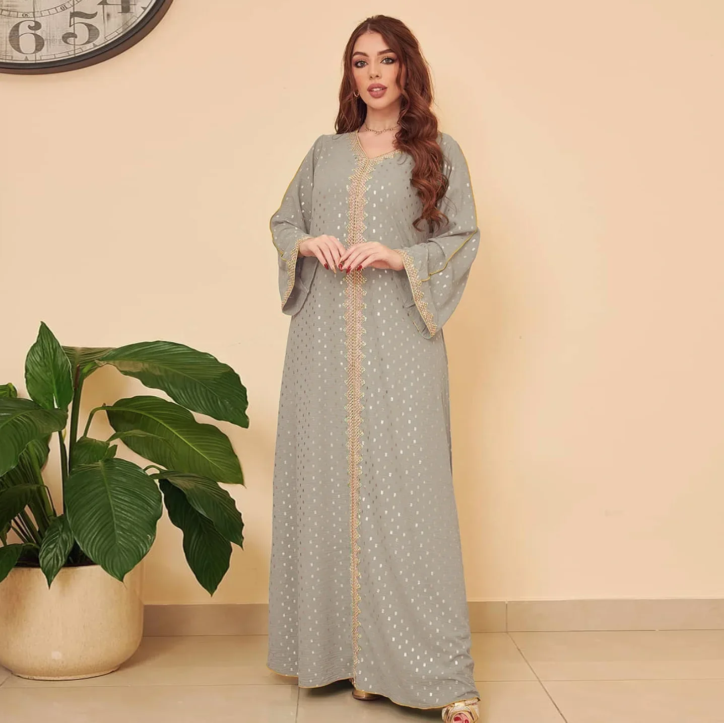 Printed Dress for Women Loose Spring and Summer V-neck Long Sleeve Dress Elegant Femme Party Dresses Clothes for Muslim Women