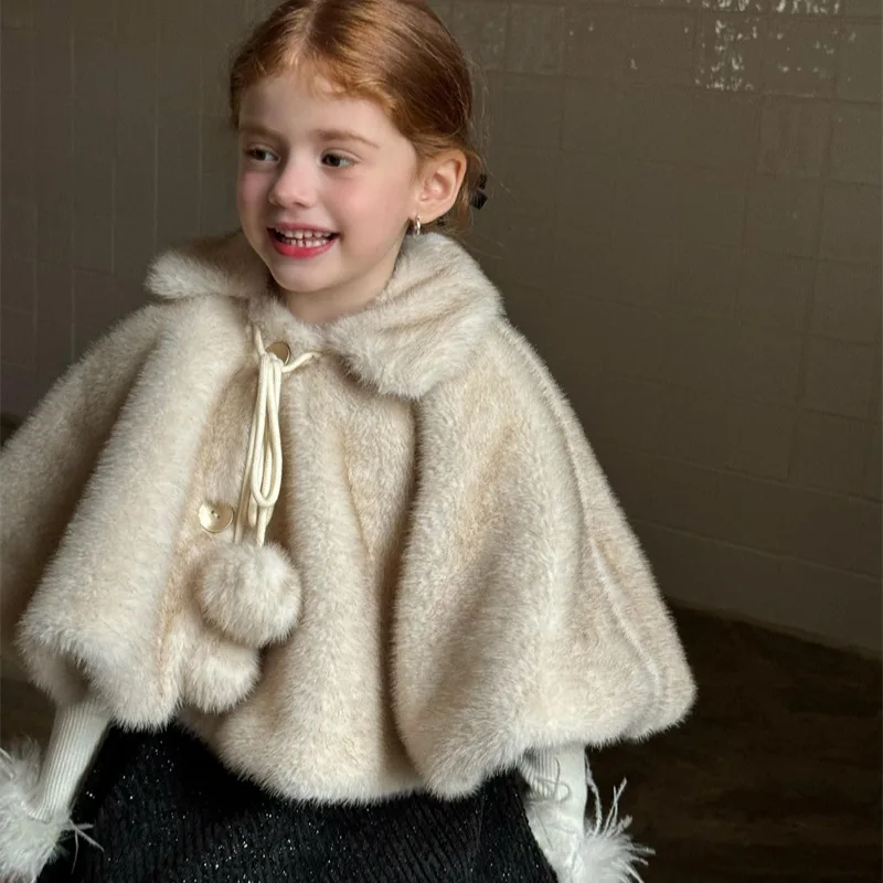 Winter Girls Coat Vintage Lamb Wool Shawl Coat Girls French Collar Clip Cotton Shawl European Fashion Style Top Clothes