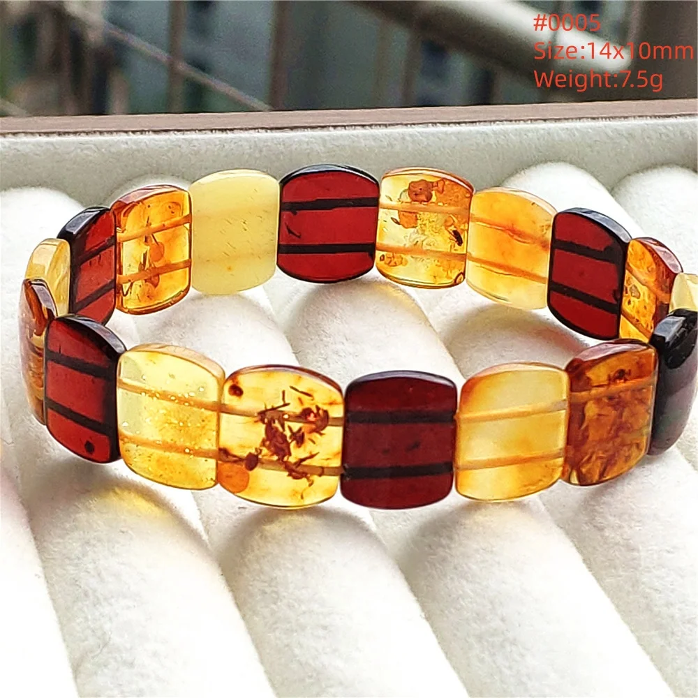 Natural Yellow Piebald Amber Gemstone Bracelet Clear Rectangle Beads Women Healing Stretch 13*9mm Bangle AAAAA
