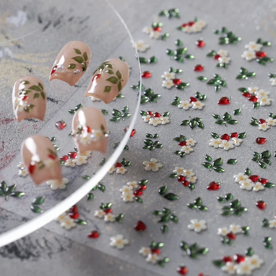 Delicate Chic White Flower Jelly Green Leaves Red Fruits Lily Gardenia Self Adhesive Nail Art Stickers Rhinestone Manicure Decal