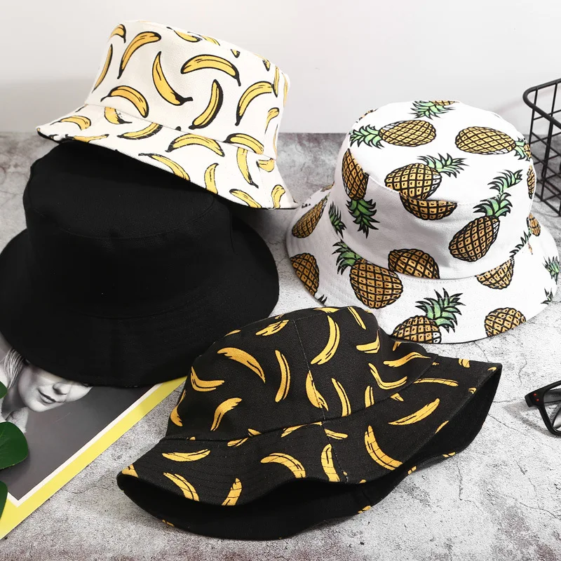 Doube Side Bucket Hat Men Women Summer Bucket Cap Banana Print Bob Unisex Hat Hip Hop Fishing Fisherman Hat