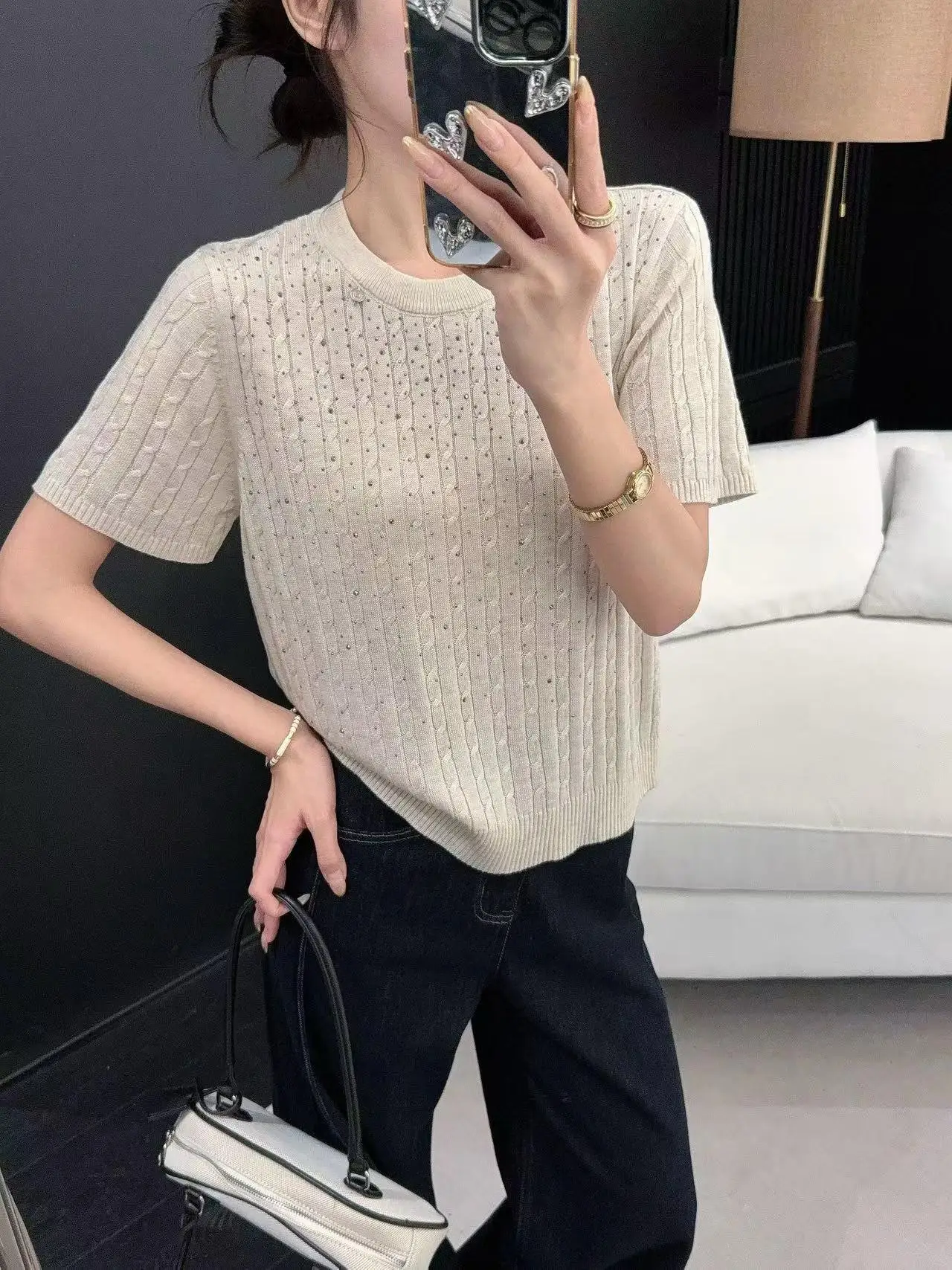 Women Round Neck Cable Knit Short Sleeve Top Rhinestone Decor Slim Short Knitted T-shirt Casual Summer Tee