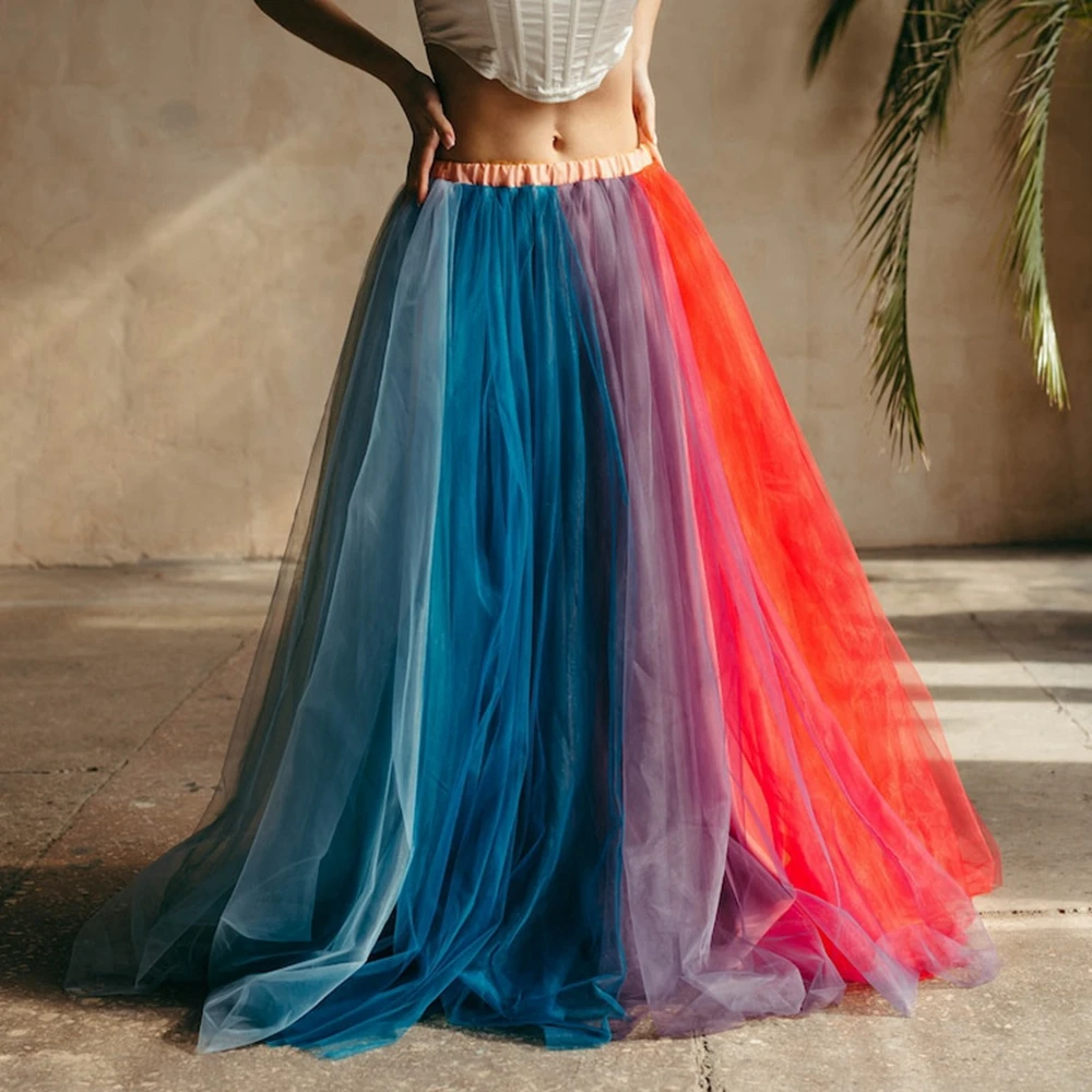 Trendy Rainbow Mesh Women Skirts Puffy Ruffles Tulle A Line Prom Skirts Floor Length Fluffy Mesh Brithday Party Skirt