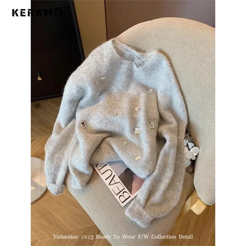 2023 Winter Casual Luxury Knitting Long Sleeve 3D Decoration Pullovers Korean Fashion Women Elegant Ladies Warm Loose Sweater