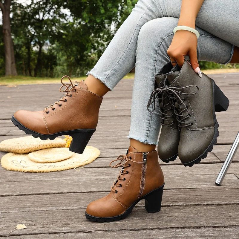 

2025 Thick Heel Short Fashion Boots Lace-up Round Toe Women's Boots European and American Style Thick High Heel Short Boots