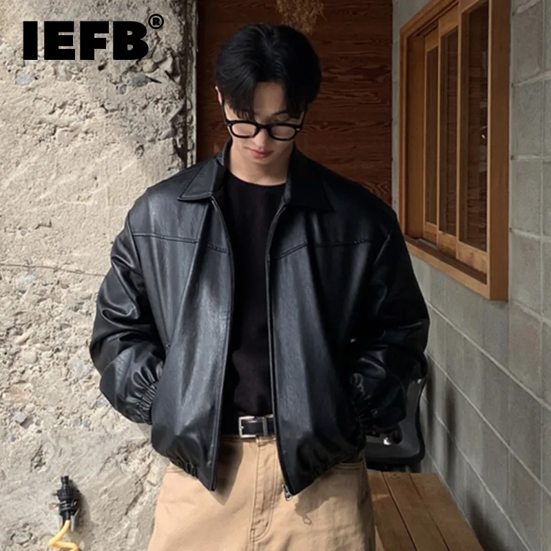IEFB Simple New Men's PU Leather Coats Solid Color Turn-down Collar Zipper Streetwear Casual Short Male Jackets Autumn 9X695