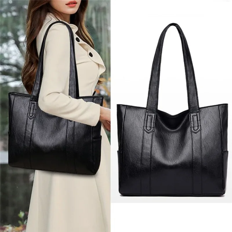 Female Big Soft Leather Satchel Bag Classic Solid Color Simple Casual Large Capacity Tote Single Shoulder Handbag