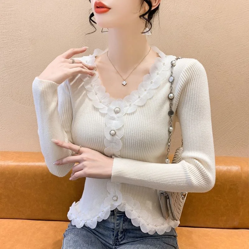 Printemps automne mode nouveau épissage dentelle pull pull femmes 2025 décontracté tout-Match col en v chemise à bascule tricots haut pour femme