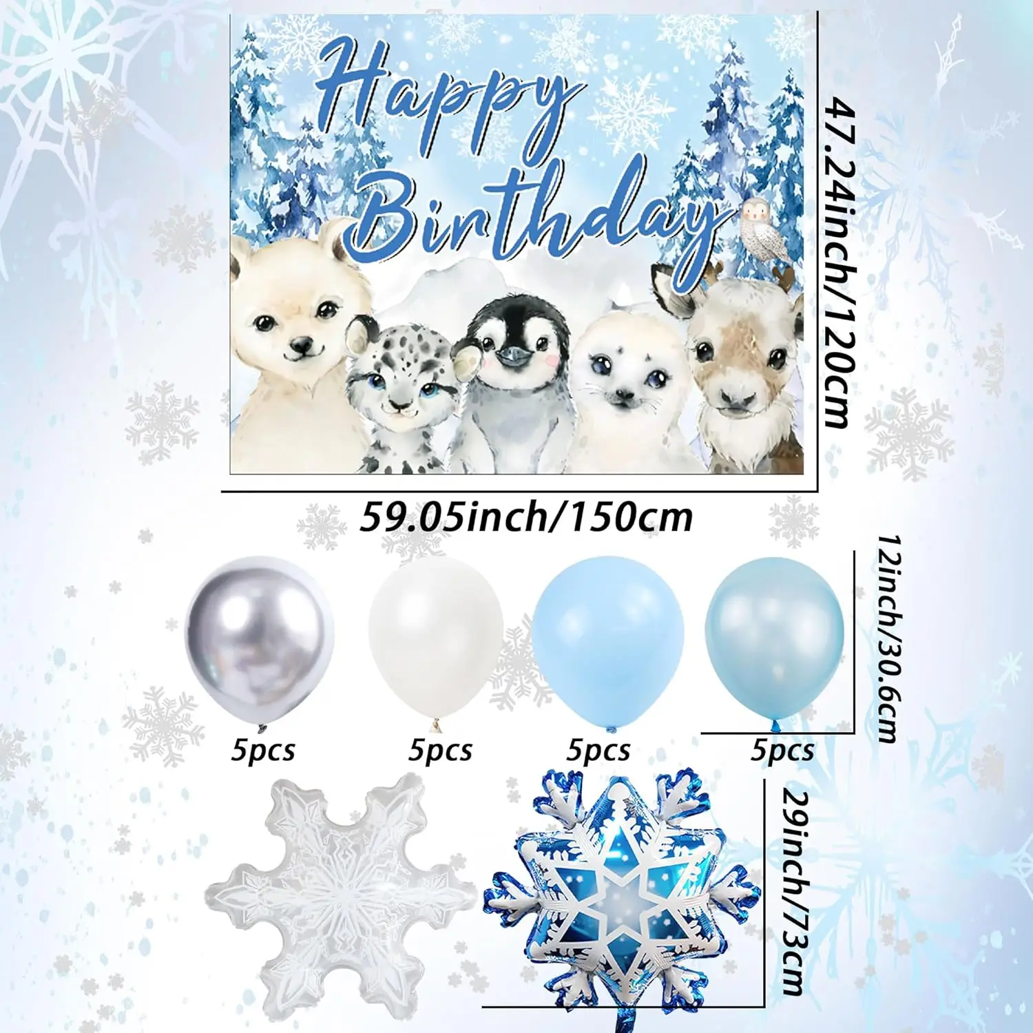 Laventy Winter Onderland Decorazione di compleanno Fiocco di neve Sfondo di compleanno Palloncini con fiocco di neve blu argento