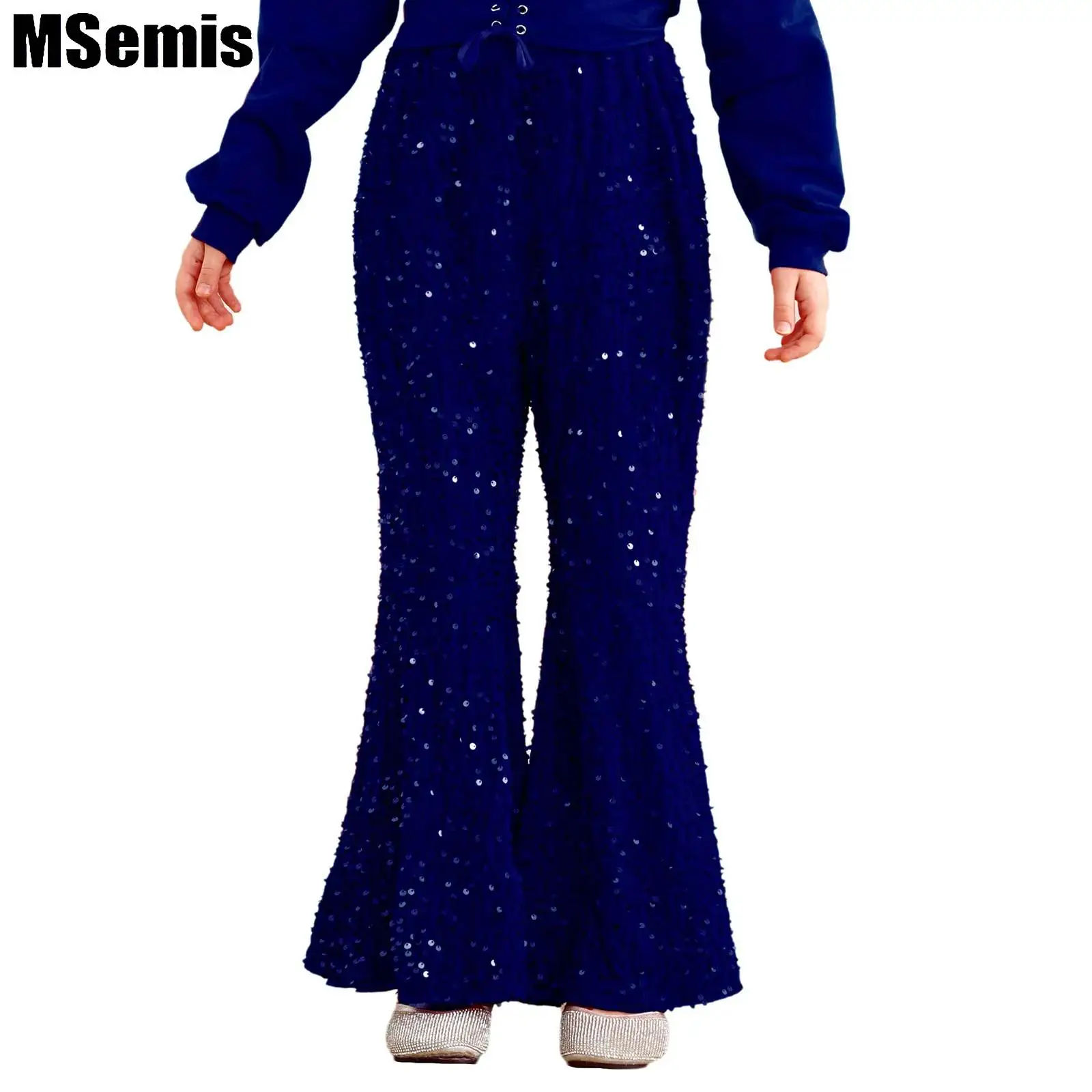 

Kids Girls Jazz Flared Dance Pants Sparkly Sequins Velvet Pants High Waist Bell-Bottom Trousers for Christmas Stage Performance